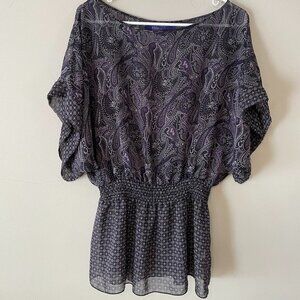Miley Cyrus Max Azria black/purple paisley women's L smocked peplum blouse top.
